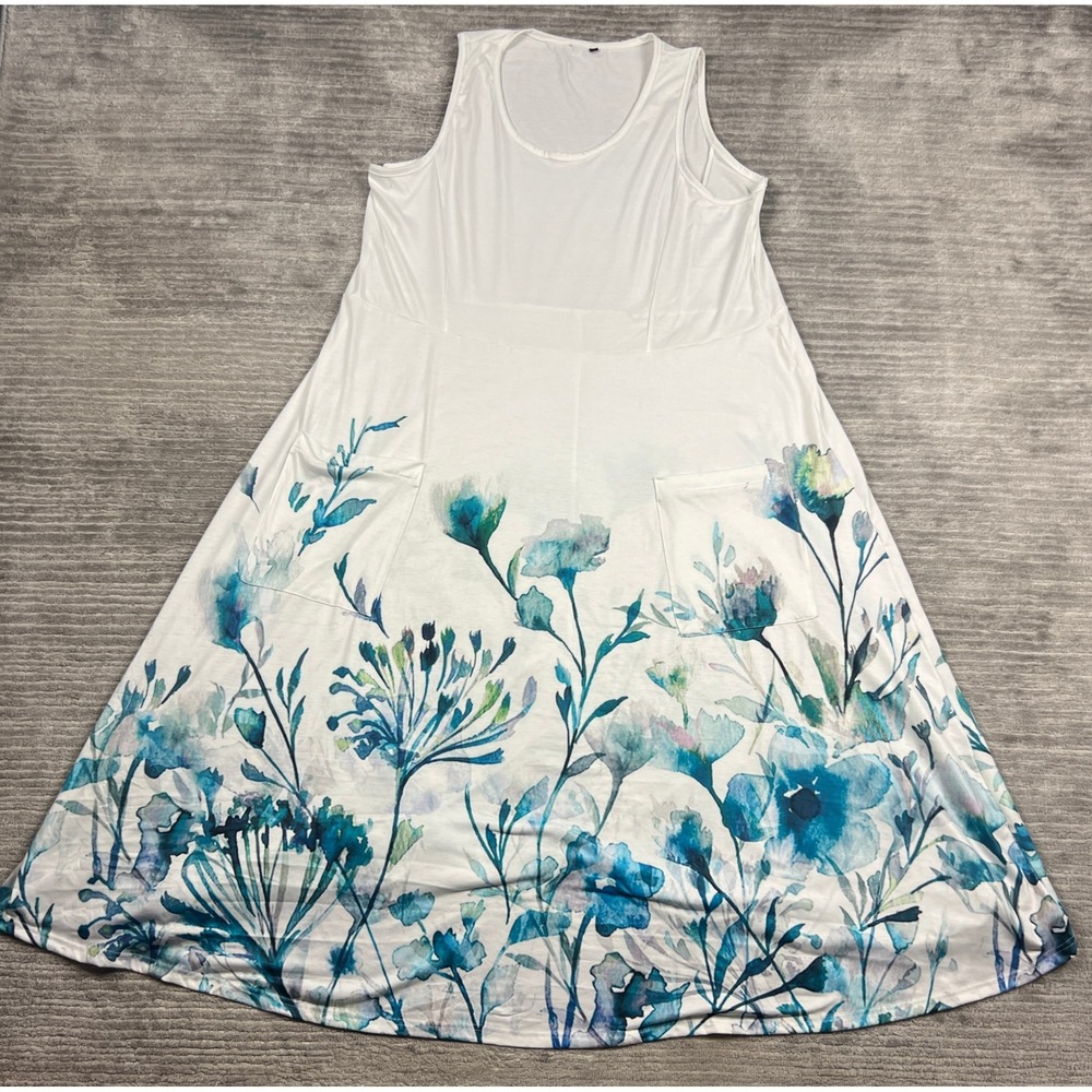 Unbranded Maxi Dress Womens XXL White Blue Floral Pockets Sleeveless Scoop Neck